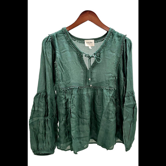 Haute Hippie Tribe Peasant Blouse with Tie Neck Detail Trekking Green - Regular - Picture 2 of 2